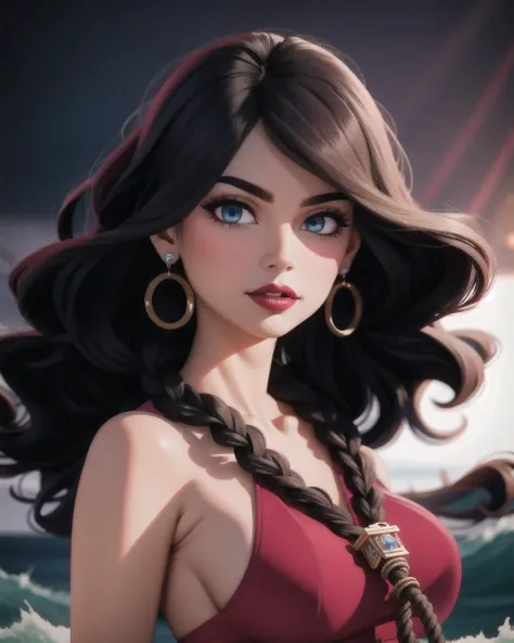 ((masterpiece), best quality, high quality, professional quality, highly detailed, highres, perfect lighting, natural lighting), Generate an amazing, best quality masterpiece, Mistress of the sea, with flowing waves and a trident in hand, Gal, Average Height, Lean, Square Face, Dark Skin, Black Hair, ice blue Eyes, [[Curved Nose]], Full Lips, Receding Chin, Shoulder-Length Hair, Curly Hair, Rope Braid, saggy breasts, Dangle earrings, fuchsia stain lipstick, realism oil painting, delicate, Gemstone, Realistic, perfecteyes eyes, <lora:lora_perfecteyes_v1_from_v1_160:1>