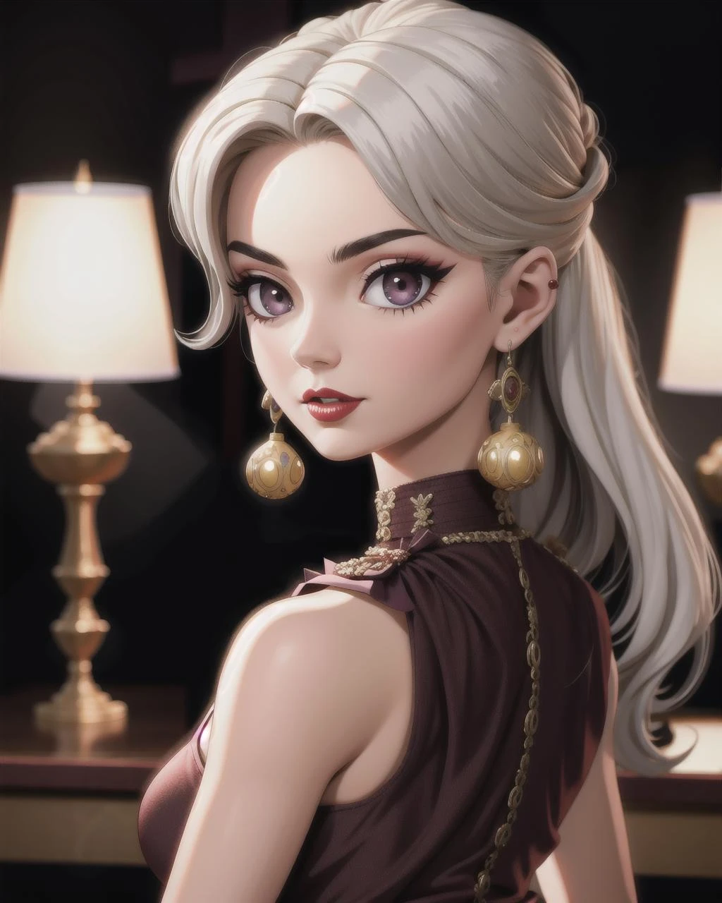((masterpiece), best quality, high quality, professional quality, highly detailed, highres, perfect lighting, natural lighting), Build a stunning, highly detailed masterpiece, Mysterious enchantress with a veil and an aura of magic, Lady, Average Height, Narrow Hips, Oval Face, Tan Skin, White Hair, jade Eyes, Long Nose, Thin Lips, Sharp Chin, Long Hair, Wavy Hair, High Chignon, perky breasts, Faux gauge earrings, grape metallic lipstick, 3D Modeling, romantic, Comic Book, perfecteyes eyes, <lora:lora_perfecteyes_v1_from_v1_160:1>