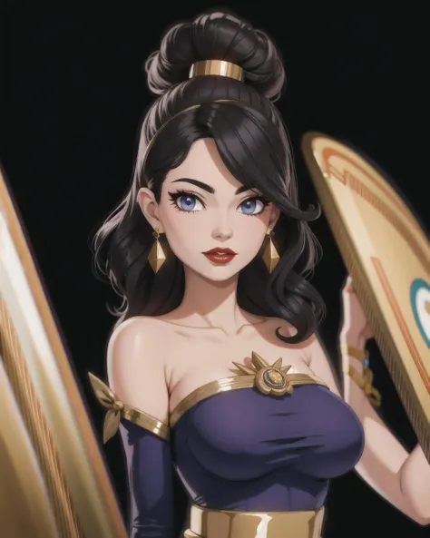 ((masterpiece), best quality, high quality, professional quality, highly detailed, highres, perfect lighting, natural lighting), Make a stunning, best quality illustration, Protector of the city, with a shield and a resolute stance, Gal, Tall, Lean, Triangular Face, Olive Skin, Black Hair, ruby Eyes, Short Nose, Thick Lips, Receding Chin, Shoulder-Length Hair, Curly Hair, Messy Top Knot, firm breasts, Faux gauge earrings, golden velvet lipstick, Printmaking, elegant, Galaxy, Distortion, perfecteyes eyes, <lora:lora_perfecteyes_v1_from_v1_160:1>