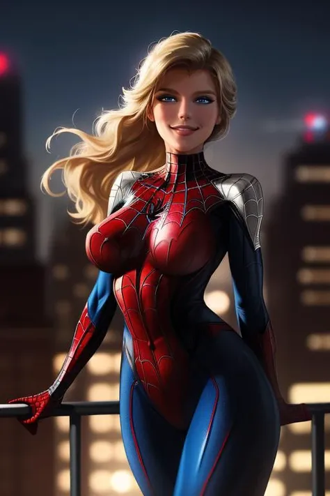 Professional photograph of beautiful woman heroine doing an action pose like Spiderman, she's wearing spiderman's outfit, action heroine, marvel themed, epic heroine. She's standing on top of a building, on the roof, New York. She's  <lora:[US]_-_Marianne_Gravatte:0.6> mariannegravatte, beautiful blue eyes and fit body and busty, hairspray hairstyle with blonde hair. 8k, hdr, masterpiece, highest quality, bokeh, beautiful, realistic volumetric lighting, she's smiling brightly. Spidergirl. Toothy smile.  <lora:CineStyle5:0.3>. Night time.