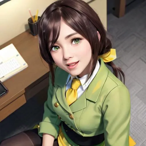 (absurdres:1.30), masterpiece, best quality, close up, face shot, looking up, looking at viewer, from above,
brown hair, long hair, split ponytail, green eyes, green jacket, white shirt, double-breasted, collared shirt, pencil skirt, green skirt, yellow necktie, yellow ribbon, yellow bow, buttons, horseshoe ornament, smile, open mouth, office, black pantyhose, sitting, hayakawa_taduna <lora:hayakawa_taduna_v2:0.6>