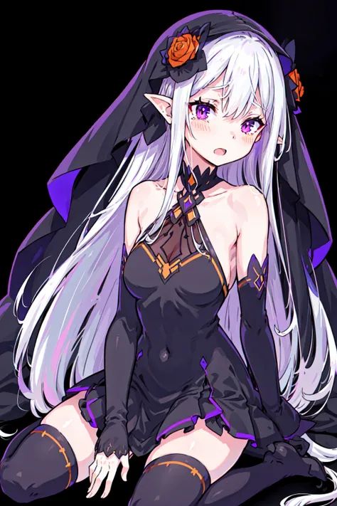 <lora:SatellaV1:0.8>, satella, aura, veil, pointy_ears, 1girl, bangs, bare shoulders, black dress, black footwear, black sleeves, black thighhighs, blush, breasts, collarbone, detached sleeves, dress, dress flower, flower, flower trim, hair ornament, long hair, looking at viewer, open mouth, orange flower, orange rose, purple eyes, rose, seiza, simple background, sitting, small breasts, solo, tears, thighhighs, very long hair, white background, white hair, wide sleeves, wariza