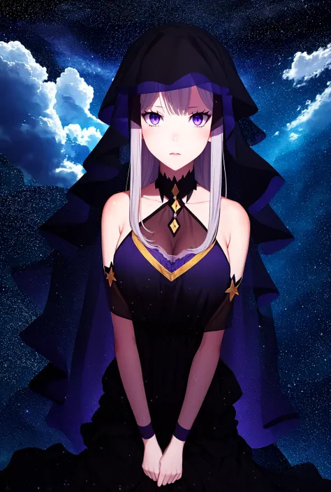 1girl, in full growth, best quality, masterpiece, <lora:satellaReZero_v1:0.6>, satella, aura, veil, face veiled, purple_eyes, <lora:Satella:1>, <hypernet:emiliaReZero_1:0.6>, <lora:lightAndShadow_v10:0.8>, starry,strry light,night,colorful,cloud,star \(sky\),