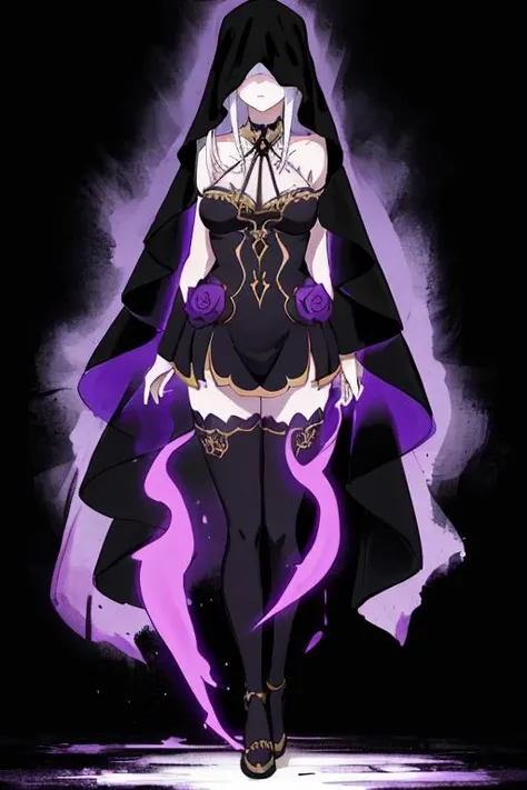 masterpiece, best quality, highres, ultra-detailed, <lora:SatellaV4-000090:1>, Satella, 1girl, veil, aura, purple aura, evil aura,standing, full body, breasts, bare shoulders, covered eyes, long hair, facing viewer, black dress, black thighhighs, medium breasts, halterneck, white hair , black theme, purple theme,