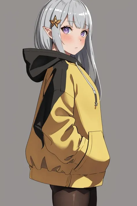 masterpiece, best quality, highres, ultra-detailed, <lora:SatellaV4-000090:1>, Satella, grey hair, 1girl, long hair, pointy ears, hair ornament, pantyhose, grey background, hood, looking at viewer, black pantyhose, cosplay, simple background, long sleeves, blush, standing, very long hair, jacket, from side, cowboy shot, shiny, shiny hair, hood down, white jacket, alternate costume, hoodie, sleeves past wrists