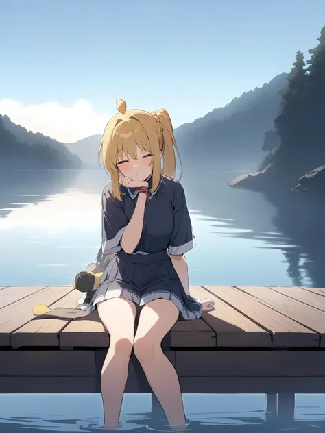 masterpiece, best quality, 1girl, BREAK,
ijichi_nijika,bocchi_the_rock!,ahoge, (Secluded cabin with a weathered wooden dock, crystal-clear water reflecting the sky, misty morning fog), lone duck paddling across the lake, (Sitting on the edge of the dock, legs dangling, chin resting on hand), (Shimokitazawa high school uniform with crisp white shirt, red bow perfectly tied, black skirt, white socks), Red bow catching a dewdrop, serene expression, eyes closed, half-body shot, cool tones with soft focus and misty atmosphere.,
<lora:ijichi_nijika:0.8>