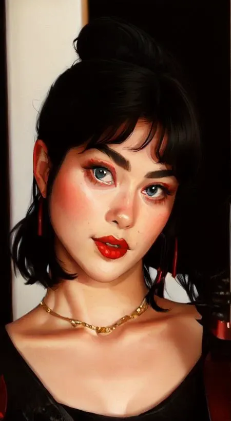 1girl, black hair, red lipstick