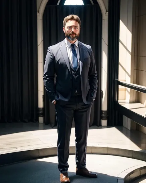 <lora:sargon_v11:1>, carlbenjamin, beard, realistic, suit, standing