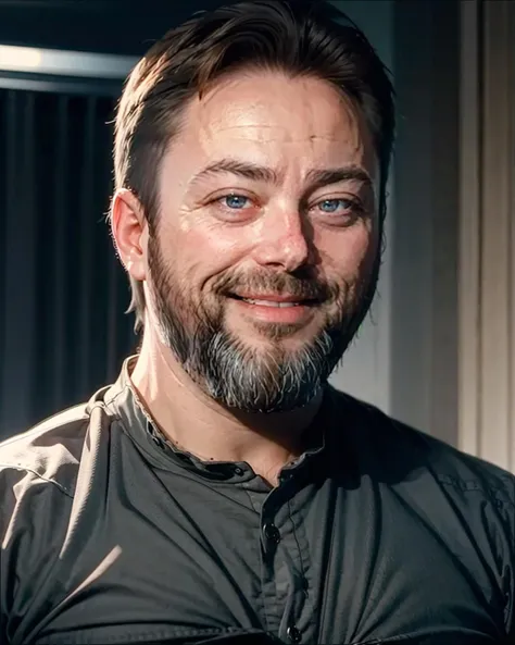 <lora:sargon_v11:1>, carlbenjamin, beard, realistic, smiling, black shirt, standing