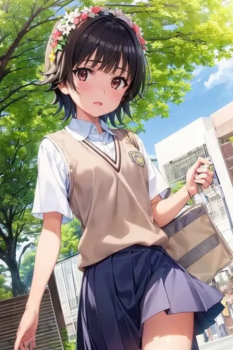 uiharu_kazari, <lora:ACertainMagicalIndex_v1-000006:1>, 1girl, solo,
(illustration:1.1),(best quality),(masterpiece:1.1),(beautiful and clear background:1.25),(extremely detailed CG unity 8k wallpaper:1.1), (colorful:0.9),(depth of field:0.75),( ink splashing:0.95),(color splashing:0.85),(watercolor:0.65),
(cowboy shot:1.4), (school uniform:1.4), dress,looking_at_viewer, outdoors, sunny, detailed blue sky