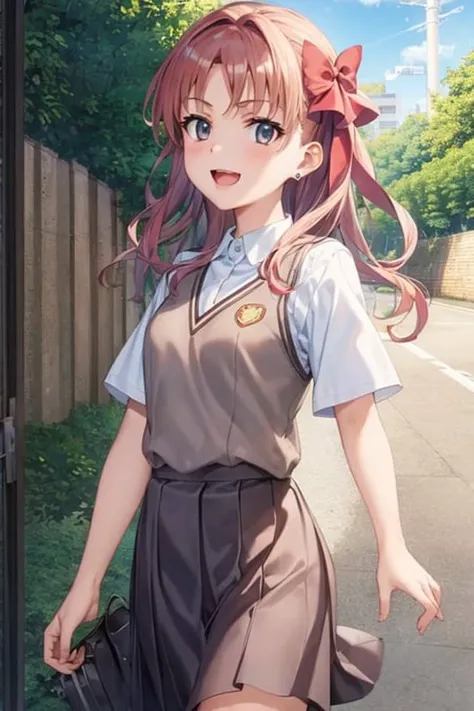 shirai_kuroko, <lora:ACertainMagicalIndex_v1-000006:1>, 1girl, solo,
(illustration:1.1),(best quality),(masterpiece:1.1),(beautiful and clear background:1.25),(extremely detailed CG unity 8k wallpaper:1.1), (colorful:0.9),(depth of field:0.75),( ink splashing:0.95),(color splashing:0.85),(watercolor:0.65),
(cowboy shot:1.4), (school uniform:1.4), :d, dress, earrings,looking_at_viewer, neck_ribbon, outdoors, sunny, detailed blue sky