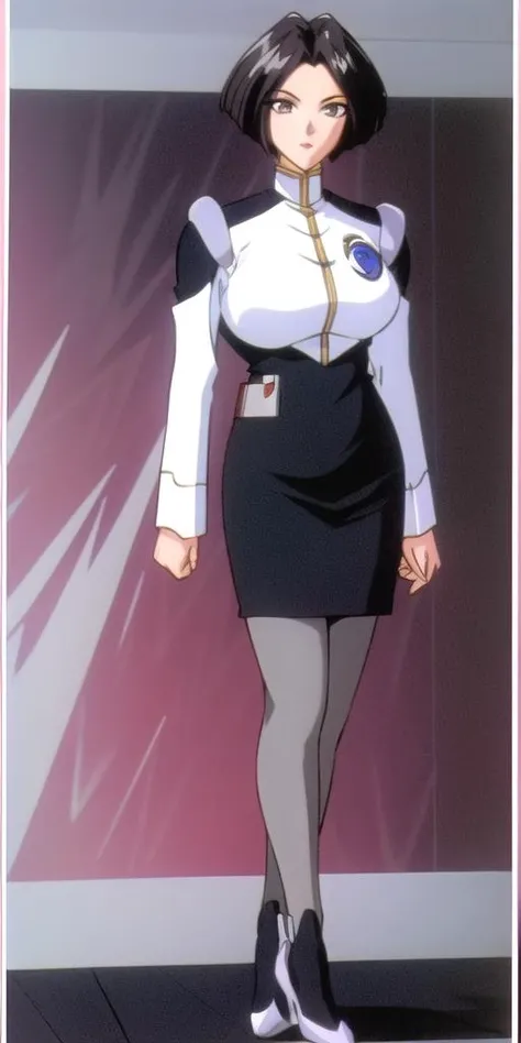 huge_breasts, standing, solo, <lora:ErinaKinjoWonV3:0.7> erinakinjowon, nergal_military_uniform_black_pencil_skirt_grey_thighhighs, masterpiece, best quality, detailed face, detailed eyes, highres,