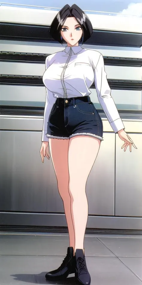 huge_breasts, standing, solo, <lora:ErinaKinjoWonV3:0.7> erinakinjowon, denim_shorts, masterpiece, best quality, detailed face, detailed eyes, highres,