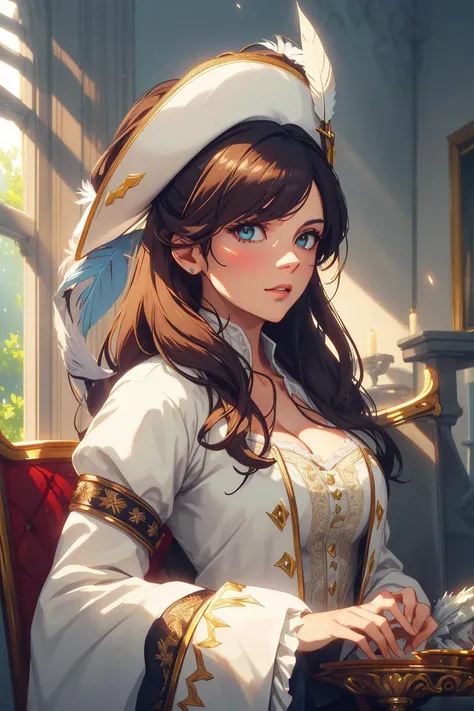 1girl, solo,masterpiece, highest quality, (white:1.3 satin), cowboy shot, (musketeer:1.1 hat), (feather plume:1.1),<lora:Outfit_FrenchCourtFashion_KW-frenchcourtsuit:1.3>, frenchcourtsuit man, ((god rays)), dark hair, Ed Blinkey, Atey Ghailan, Studio Ghibli, by Jeremy Mann, Greg Manchess, Antonio Moro, trending on ArtStation, trending on CGSociety, trending on deviantart, Intricate, High Detail, Sharp focus, dramatic, photorealistic, Greg Rutkowski, natural lighting, throne room, cleavage:0.7,<lora:Tweak_Detail25:0.7>,  <lora:Tweak_Colorful-V2:0.6>, Tweak_PrettyEyes:0.8,