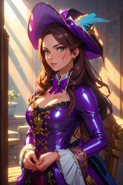 1girl, solo,masterpiece, highest quality, (royal purple:1.1 satin), cowboy shot, (musketeer:1.1 hat), (feather plume:1.1),(((latex ballgown))),<lora:Outfit_FrenchCourtFashion_KW-frenchcourtsuit:1.3>, frenchcourtsuit man, ((god rays)), dark hair, Ed Blinkey, Atey Ghailan, Studio Ghibli, by Jeremy Mann, Greg Manchess, Antonio Moro, trending on ArtStation, trending on CGSociety, trending on deviantart, Intricate, High Detail, Sharp focus, dramatic, photorealistic, Greg Rutkowski, natural lighting, throne room, cleavage:0.7,<lora:Tweak_Detail25:0.7>,  <lora:Tweak_Colorful-V2:0.6>, Tweak_PrettyEyes:0.8,