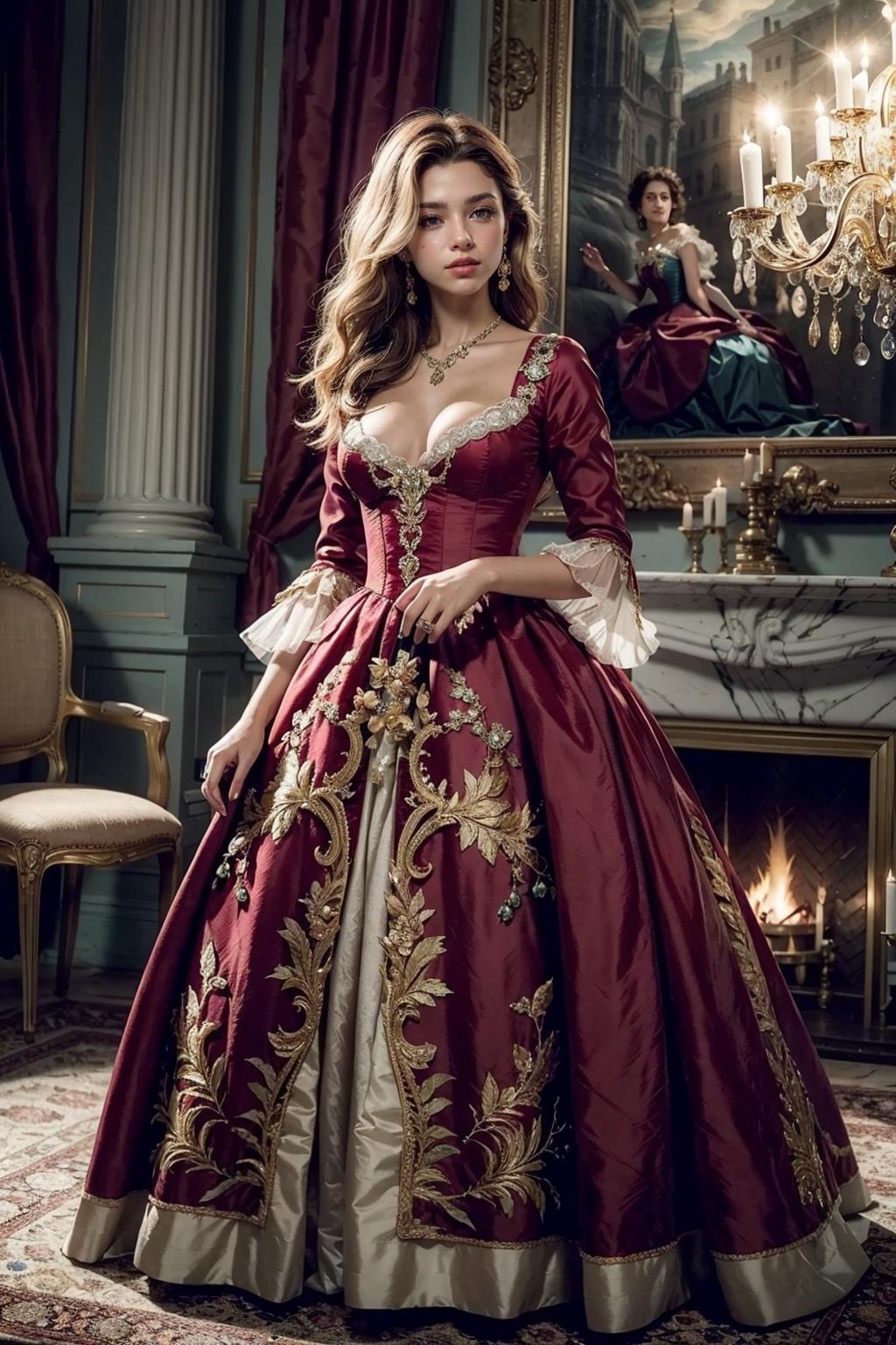 A woman in a red dress standing in front of a fireplace - SeaArt AI