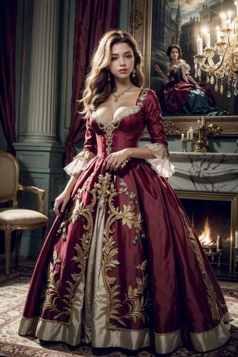 (realistic:1.3), finely detailed, quality, rembrandt lighting, (masterpiece:1.2), (photorealistic:1.2), (best quality), (detailed skin:1.3), (intricate details), dramatic, ray tracing, 1girl, french girl, 21 years old, detailed skin texture, (blush:0.5), (goosebumps:0.5), subsurface scattering, smiling, medium breasts, long hair curls, blonde hair, parted bangs, hair ornaments, earrings, necklace, jewelry, (red gown, puffy gown, hoop skirt, crinoline gown, panniersdress:1.2), frilled sleeves, puffy sleeves, lace trim, lace lining, ribbons, bows, precious stones, full body, (lavish, resplendent french palace, palace decorations), <lora:ARWPanniersDress:1>