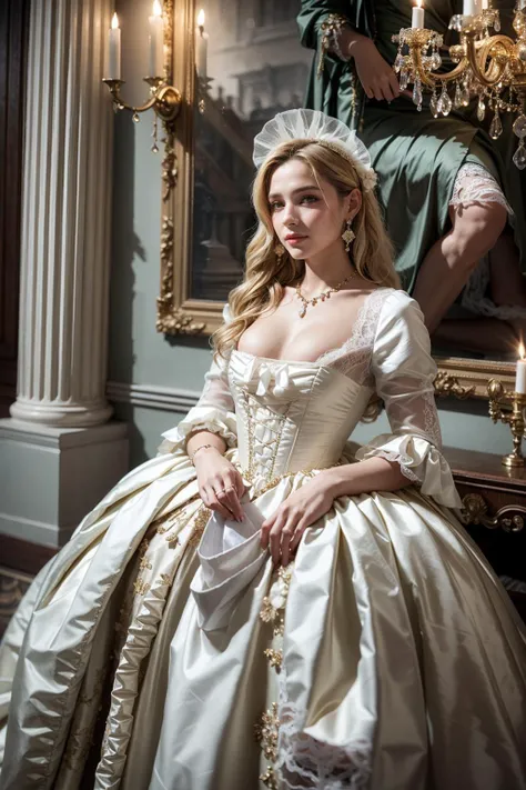 (realistic:1.3), finely detailed, quality, rembrandt lighting, (masterpiece:1.2), (photorealistic:1.2), (best quality), (detailed skin:1.3), (intricate details), dramatic, ray tracing, 1girl, french girl, 21 years old, detailed skin texture, (blush:0.5), (goosebumps:0.5), subsurface scattering, smiling, medium breasts, long hair curls, blonde hair, parted bangs, hair ornaments, earrings, necklace, jewelry, (puffy gown, hoop skirt, crinoline gown, panniersdress:1.2), frilled sleeves, puffy sleeves, lace trim, lace lining, ribbons, bows, precious stones, full body, (lavish, resplendent french palace, palace decorations),  <lora:ARWPanniersDress:1>