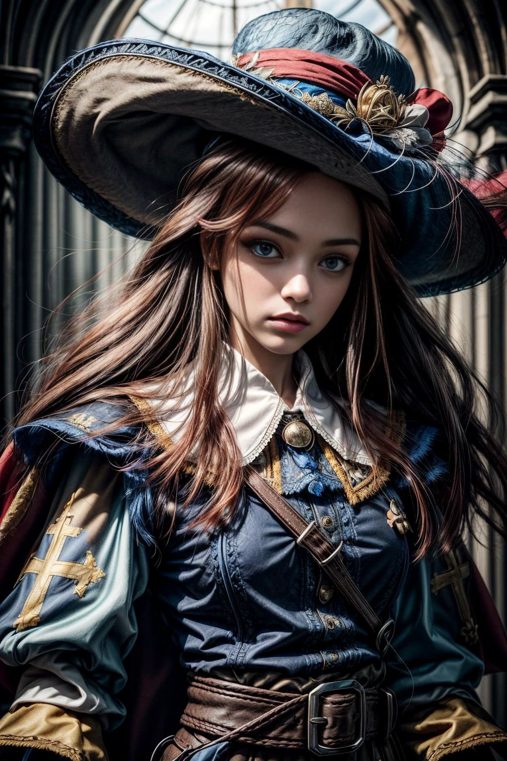 redhead girl, closeup photo, intricate detailed face, upper body of musketeerdress, blue dress, details, hat, cross symbol, boots, full body, PERFECTEYES EYES, <lora:ARWAMusketeerDress:1.1>, <lora:add_detail:1>, <lora:more_details:0.5>, <lora:locon_perfecteyes_v1_from_v1_64_32:1>