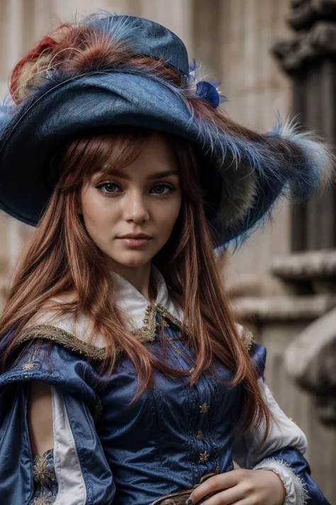 redhead girl, closeup photo, intricate detailed face, upper body of musketeerdress, blue dress, details, hat, cross symbol, boots, full body, PERFECTEYES EYES, <lora:ARWAMusketeerDress:1.1>, <lora:add_detail:1>, <lora:more_details:0.5>,  <lora:locon_perfecteyes_v1_from_v1_64_32:1>