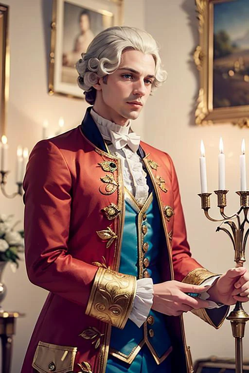 1man, photography, man wear frenchcourtsuit in palace, silver wig, pastel, blue satin, golden, paintings, ornate, details, ornament, dim light, dawn, bokeh background, <lora:ARWCourtSuit:1> <lora:ARWBedroomGothic:0.6>