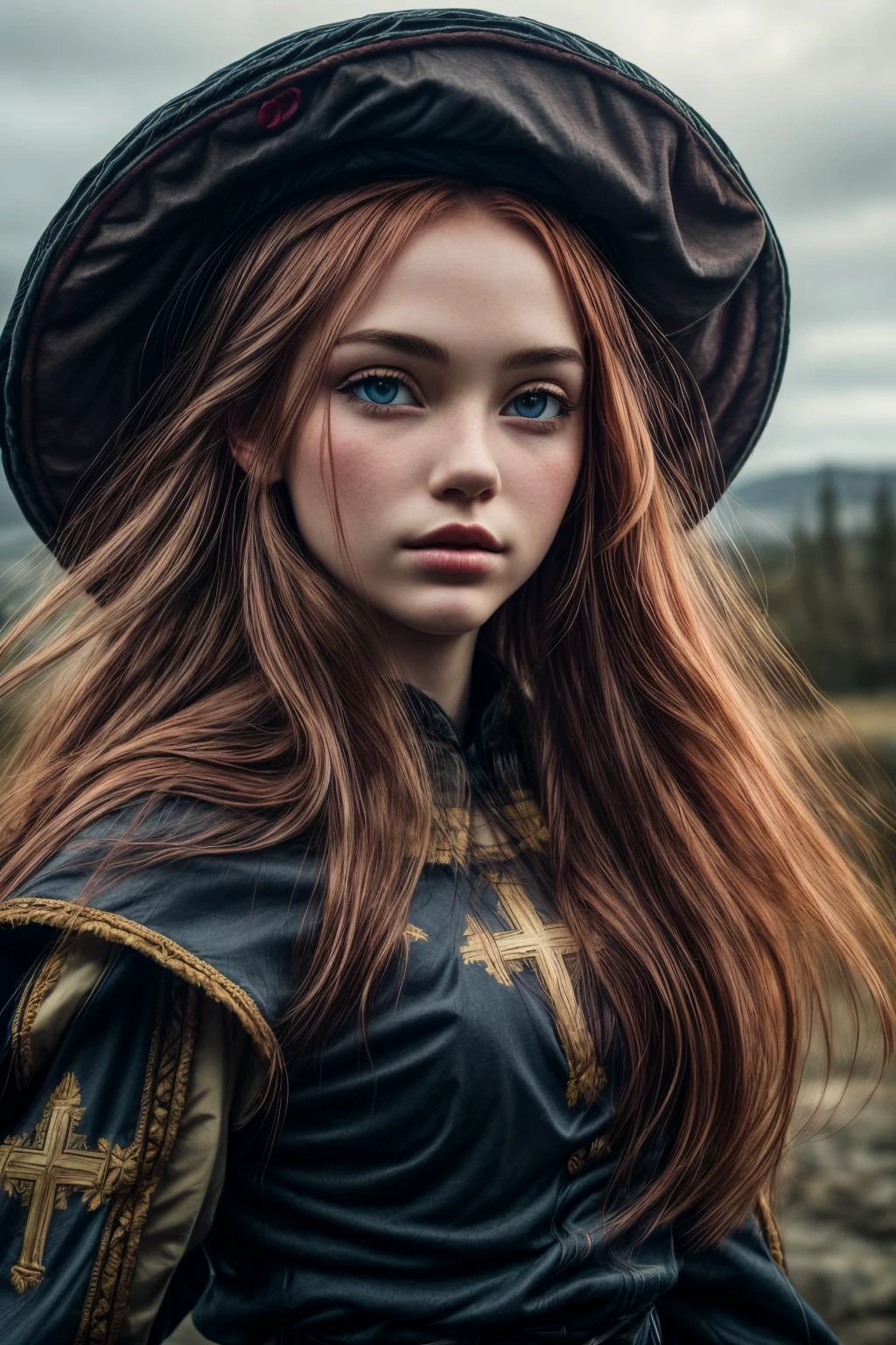 redhead girl, closeup photo, intricate detailed face, upper body of musketeerdress, blue dress, details, hat, cross symbol, boots, full body, PERFECTEYES EYES, 111cine8matic55, <lora:ARWAMusketeerDress:1.1>, <lora:add_detail:1>, <lora:more_details:0.5>, <lora:locon_perfecteyes_v1_from_v1_64_32:1>, <lora:CineStyle5:0.3>