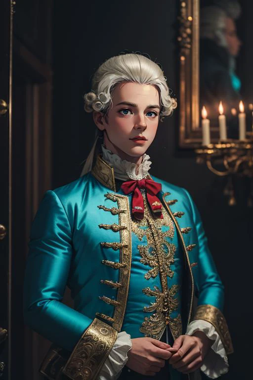 1man, photography, man wear frenchcourtsuit in palace, silver wig, pastel, blue satin, golden, paintings, ornate, details, ornament, dim light, dawn, bokeh background, <lora:ARWCourtSuit:1> <lora:ARWBedroomGothic:0.6>