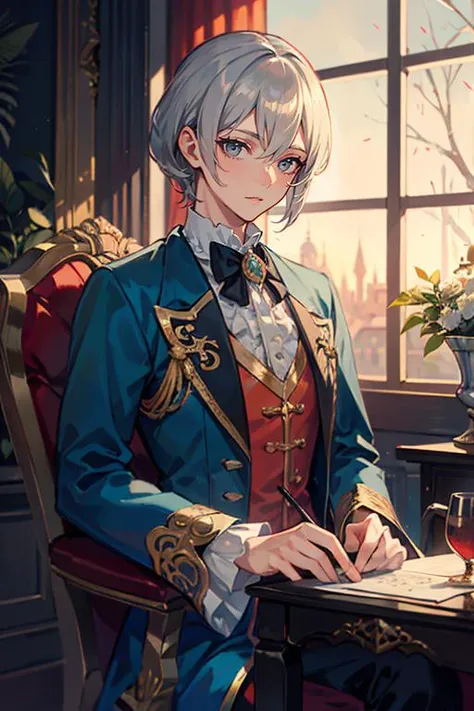 1man, photography, man wear frenchcourtsuit  in palace, silver wig, pastel, blue satin, golden, paintings, ornate, details, ornament, dim light, dawn, bokeh background, <lora:ARWCourtSuit:1> <lora:ARWBedroomGothic:0.6>