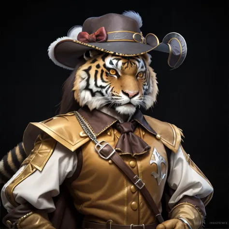 <lora:frenchfashion-musketeer:1.0> anthropomorphic tiger wearing french musketeer outfit, masterpiece, 8k, high resoltuion, shallow depth of field, sharp focus