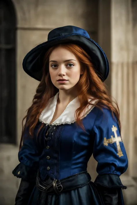 redhead girl, closeup photo, masterpiece, realistic, upper body of musketeerdress female in palace, blue dress, details, hat, cross symbol, boots, <lora:ARWAMusketeerDress:1>, <lora:ARWBedroomGothic:0.65>, <lora:CineStyle5:0.6>