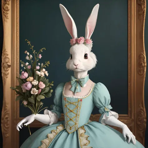 <lora:frenchfashion-ladydress:1.0> anthropomorphic rabbit wearing french panniersdress, masterpiece, 8k, high resoltuion, shallow depth of field, sharp focus