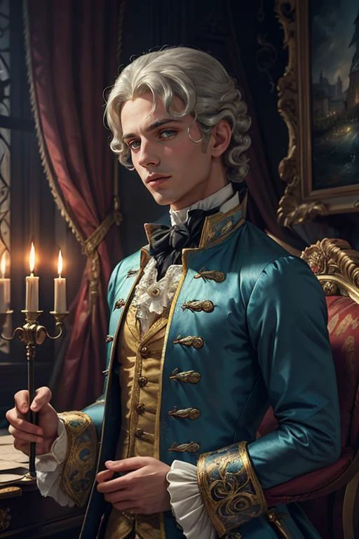 1man, photography, man wear frenchcourtsuit in palace, silver wig, pastel, blue satin, golden, paintings, ornate, details, ornament, dim light, dawn, bokeh background, <lora:ARWCourtSuit:1> <lora:ARWBedroomGothic:0.6>