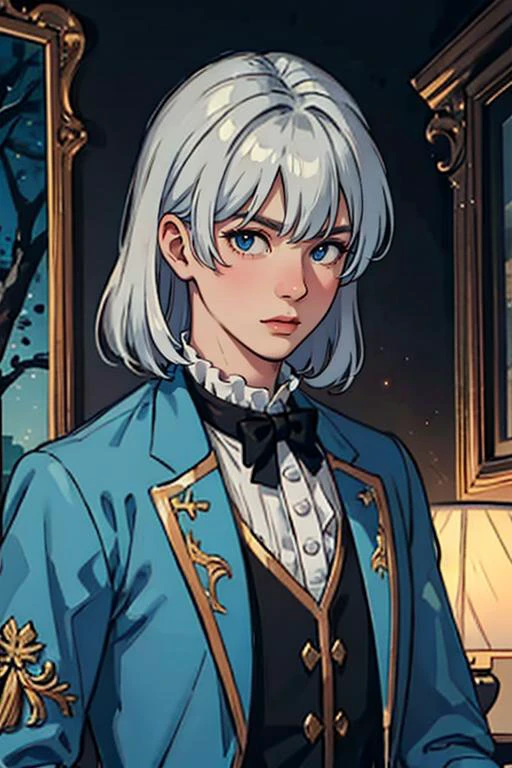 1man, photography, man wear frenchcourtsuit in palace, silver wig, pastel, blue satin, golden, paintings, ornate, details, ornament, dim light, dawn, bokeh background, <lora:ARWCourtSuit:1> <lora:ARWBedroomGothic:0.6>