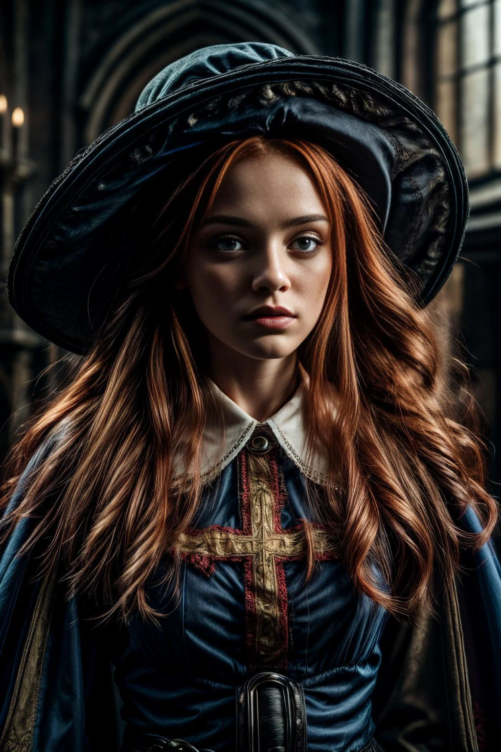 redhead girl, closeup photo, intricate detailed face, upper body of musketeerdress, blue dress, details, hat, cross symbol, boots, full body, PERFECTEYES EYES, 111cine8matic55, bedroomgothic, gothic, <lora:ARWAMusketeerDress:1.1>, <lora:add_detail:1>, <lora:more_details:0.5>, <lora:locon_perfecteyes_v1_from_v1_64_32:1>, <lora:CineStyle5:0.3>, <lora:ARWBedroomGothic:1>