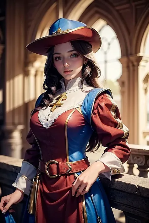 1girl, masterpiece, realistic, upper body of musketeerdress woman in palace gothic, red dress, details, hat, cross symbol, boots, <lora:ARWAMusketeerDress:1> <lora:ARWBedroomGothic:0.65>