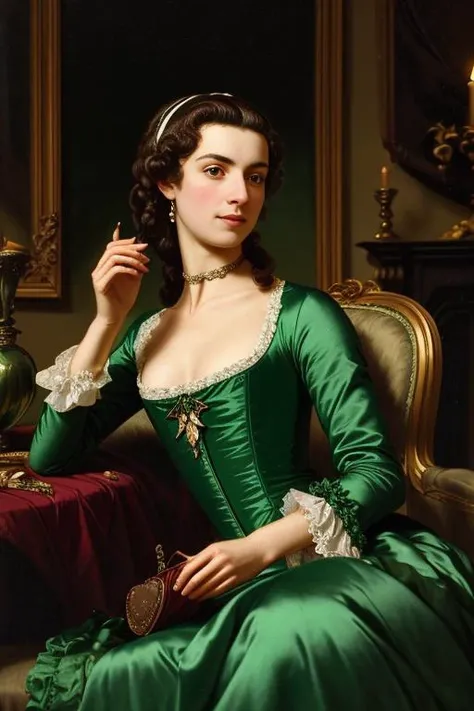 Old Master oil painting of a 1750s French woman, cleavage, emerald green silk panniers panniersdress court dress, in a Gothic castle ballroom <lora:breastsizeslideroffset:-.5> <lora:ARWPanniersDress:.8> by Thomas Gainsborough  warm dim candlelight from side<lora:epi_noiseoffset2:1>