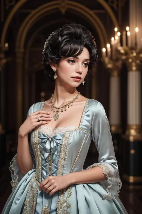 1girl, photo upper body of panniersdress girl gown, france, silver big (wig:1.1), detail, hyperrealistic, pastel colors, fan hand, necklace, silk, satin, bokeh, dim light, bokeh background, gothic palace interior, <lora:ARWBedroomGothic:0.6> <lora:ARWPanniersDress:1>