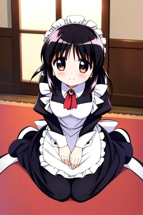 1 girl, (((masterpiece))), highest quality, highest quality, advanced details, nakano azusa, 1 girl, smile, Sakuragaoka High School Uniforms, school uniform, twin tails, hair length, black haired, brown eyes, alone, (blush:1.3), maid costume, white brim, complex and detailed, (written boundary depth), (masterpiece), (highest quality), (Super detailed), (enlightenment), (Take-out), small breasts, (Hide your face with your hands in embarrassment:1.2), maid Cafe, indoor