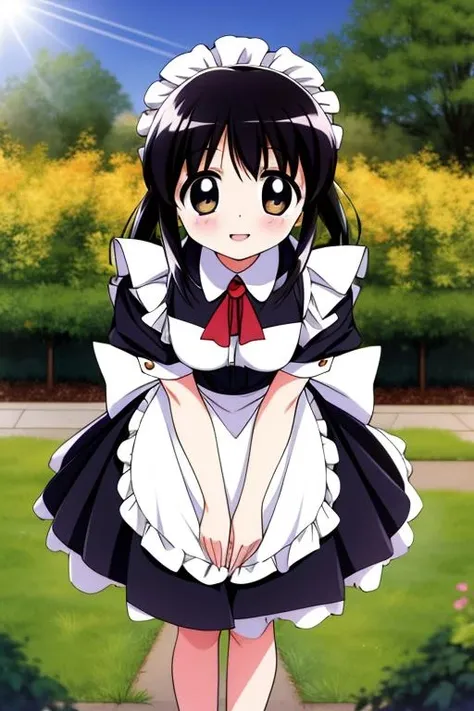 masterpiece, best quality,,<lora:GoodHands-vanilla:0.8> <lora:anmnr01:0.3> <lora:add_detail:0.5> , <lora:Kazuhiro Takamura:0.8>,ando mahoro,(black hair,maid clothes),garden,happy,sunshine,dignified pose