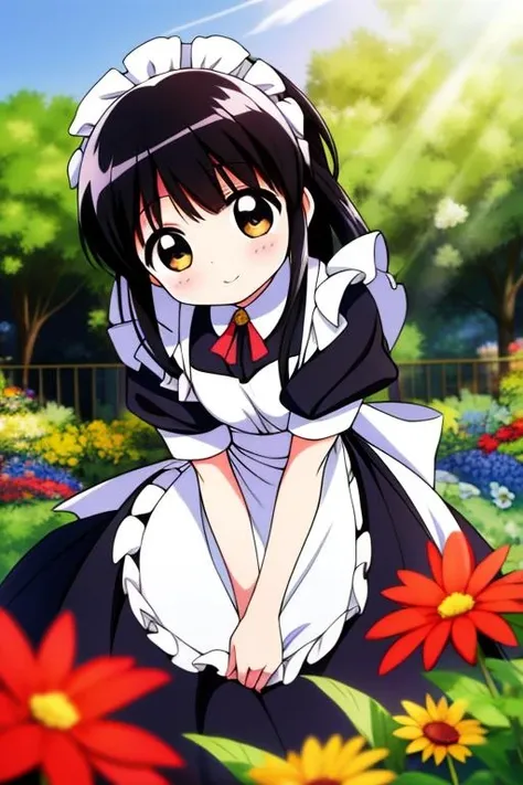 masterpiece, best quality, very aesthetic, ultra detailed, intricate details, 4k, anime style,
mouriranai, 1girl, solo, smile, brown hair, blue eyes, long hair, , , lens flare, ,
maid, maid headdress, maid apron, apron, lace trim, lace, long sleeves, puffy sleeves, mouri ran,
cowboy shot, looking at viewer, hands on own , outdoors, sunlight, horizon, field, flower, flower field, <lora:Mouri_XL:1>