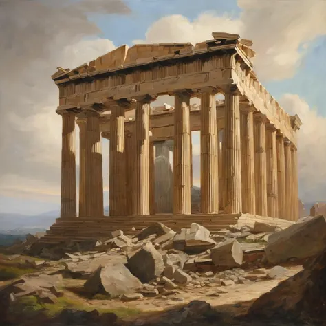 magictutchurch, a painting of the parthenon in acropolis, inspired by Frederic Edwin Church, ruined buildings, crumbling, with anthropology of wonder, in a ruined cityscape, fallen columns<lora:magictutchurchV4_SDXL_lora-000005:1.0>