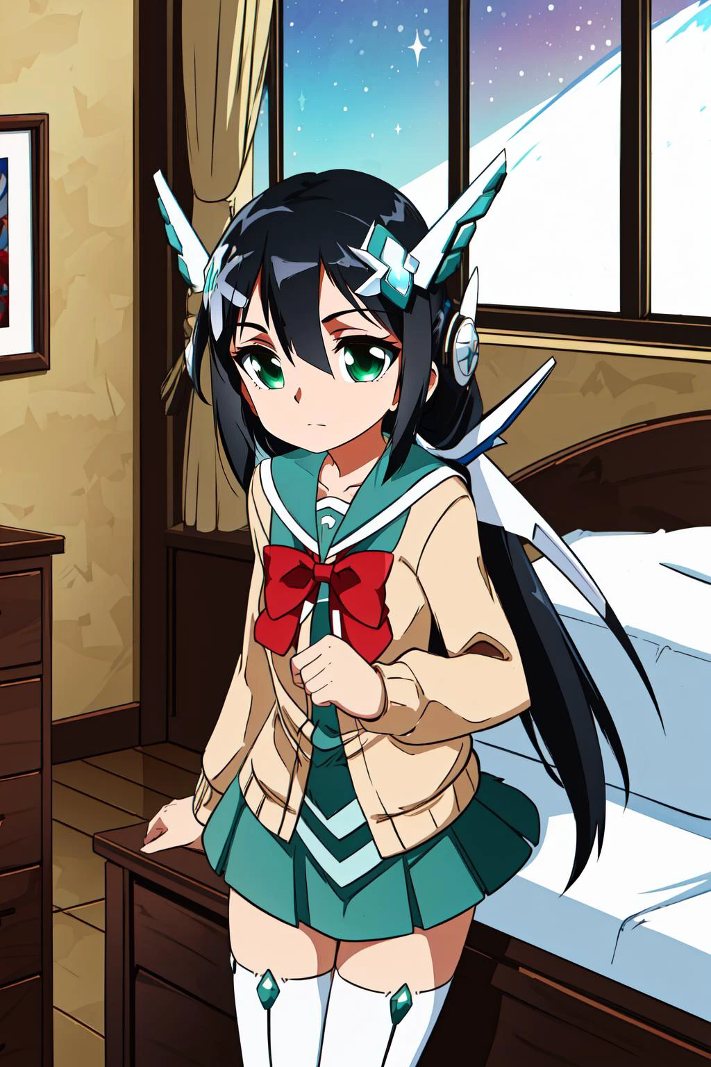 (masterpiece, best quality), intricate details,
1girl, <lora:mimoritougou-lyco-nochekaiser:0.8> mimori tougou, long hair, (black hair:1.5), (green eyes:1.5),, skirt, long sleeves, school uniform, bow, bowtie, serafuku, red bow, cardigan,, (magical girl:1.5), (headgear:1.5), (hair ornament:1.5),,
indoors, bed, bedroom, desk, window,
<lora:BloodyMen:1> bloodymen,
