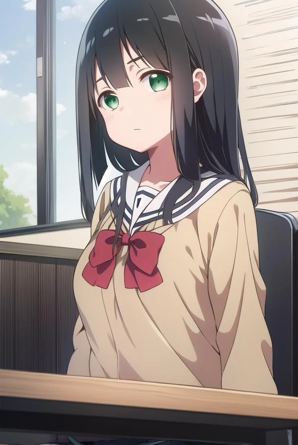 mimoritougou, <lyco:mimoritougou-lyco-nochekaiser:1>,
mimori tougou, long hair, (black hair:1.5), (green eyes:1.5),
BREAK skirt, long sleeves, school uniform, bow, bowtie, serafuku, red bow, cardigan,
BREAK looking at viewer,
BREAK indoors, classroom,
BREAK <lora:GoodHands-vanilla:1>, (masterpiece:1.2), best quality, high resolution, unity 8k wallpaper, (illustration:0.8), (beautiful detailed eyes:1.6), extremely detailed face, perfect lighting, extremely detailed CG, (perfect hands, perfect anatomy),