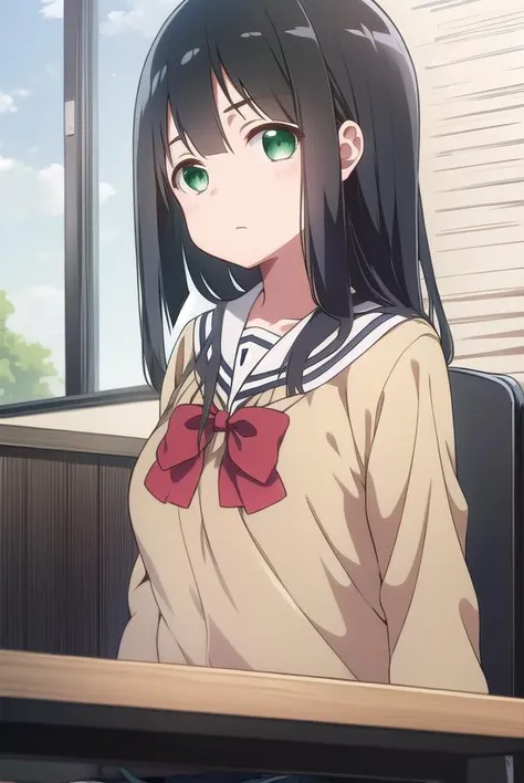 mimoritougou, <lyco:mimoritougou-lyco-nochekaiser:1>,
mimori tougou, long hair, (black hair:1.5), (green eyes:1.5),
BREAK skirt, long sleeves, school uniform, bow, bowtie, serafuku, red bow, cardigan,
BREAK looking at viewer,
BREAK indoors, classroom,
BREAK <lora:GoodHands-vanilla:1>, (masterpiece:1.2), best quality, high resolution, unity 8k wallpaper, (illustration:0.8), (beautiful detailed eyes:1.6), extremely detailed face, perfect lighting, extremely detailed CG, (perfect hands, perfect anatomy),