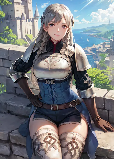 outdoor, on the castle wall, stone castle, fantasy background, cleary sky, sun, lens flare,
looking at viewer, sitting on the stone wall, smile, weapon aside, polearm, hand on hip, thick thighs,
<lora:ravness_loxaerion_v3:0.73>, ravness loxaerion, armor, gloves, thighhighs,
OverallDetail,