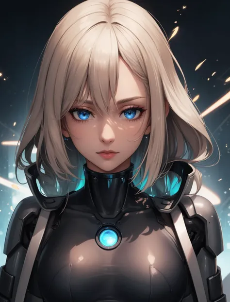 portrait, looking at viewer, solo, half shot, detailed background, close up, detailed face, futuristic shining adamantium armor, thick bulky armor, high-tech, wires, advanced technology, nanotech, cybernetic enhancements, (open helmet:0.6), epic starry outer space in background, neon lights, sparks, explosions, screens, hologram, cinematic atmosphere,,Green Sheer Chemise with Cutouts, Toned, Heart-Shaped Face, Bronze Skin, Long Nose, Plump Lips, Sharp Chin, Orange sheer lipstick, clip, blonde Wavy Hair Medium-Length Hair Curls, fashion studio, fill light