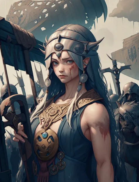 icelandic, portrait, freckles, looking at viewer, solo, (full body:0.6), detailed background, (angry:0.1) (battle-cry:0.8)  dynamic pose, dark ages,  vikingpunkai, norse theme, norse mythology, viking age, pagan, nordic medieval norse ravager,  simple dark blue padded leather vest, battlefield, tattered norse flag in background, weapons on the ground, dirt dust cloud,   blood soaked, blood spatters,  soaked in the rain,  fury of the old gods,
OverallDetail <lyco:[LoHa] White Dew ç½é² Style(With multires noise version):1.1>,<lyco:CulturePunkBundle-000007:1.0>