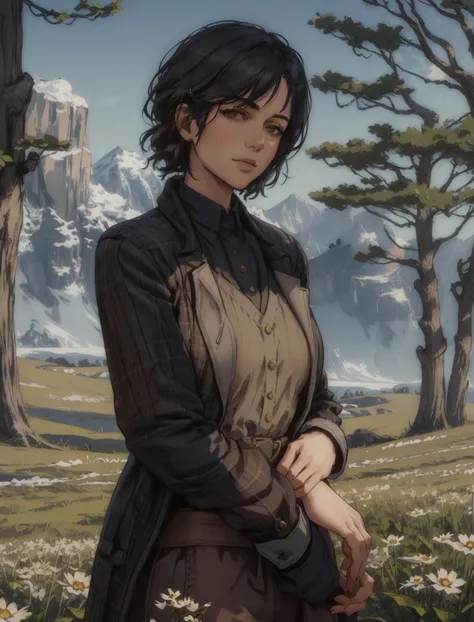 AbigailRDR, 1girl, solo, long light brown short shorts, flower, tailcoat , outdoors, blueflower, plaid, long sleeves, looking at viewer, standing, black hair, unmoving pattern, short hair, realistic, nature, tree, brown hair <lora:epi_noiseoffset2:1>, <lora:AbigailRDR:0.7>