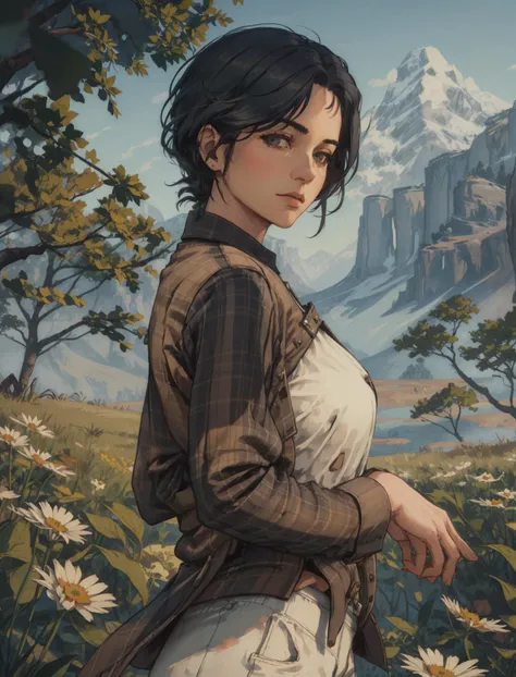 AbigailRDR, 1girl, solo, long yellow shorts, flower, tabard , outdoors, greenflower, plaid, long sleeves, looking at viewer, standing, black hair, unmoving pattern, short hair, realistic, nature, tree, brown hair <lora:epi_noiseoffset2:1>, <lora:AbigailRDR:0.7>