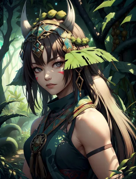 solo, (full body:0.6), looking at viewer, detailed background, detailed face, ( <lyco:CulturePunkBundle-000007:1.0>, fairytaleai, fairytale theme:1.1) aggressive jungle fighter, green tribal clothing, warpaint, tribal markings, leaves, tropical climate, fighting stance, bushes, poisonous plants, exotic, jungle in background, snake in background, cinematic atmosphere,